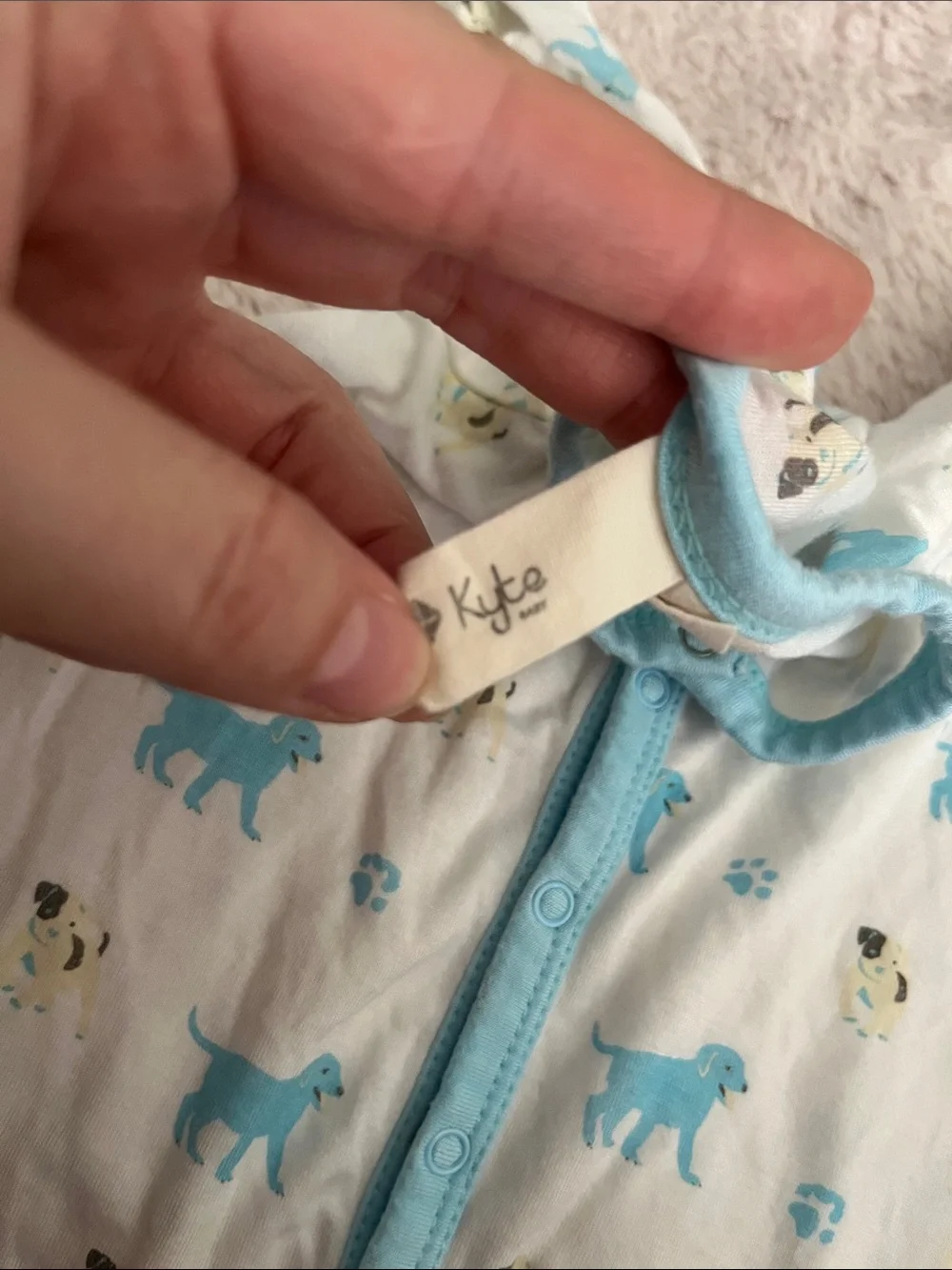 Kyte BABY White Footed One-Piece with Blue Puppy Print